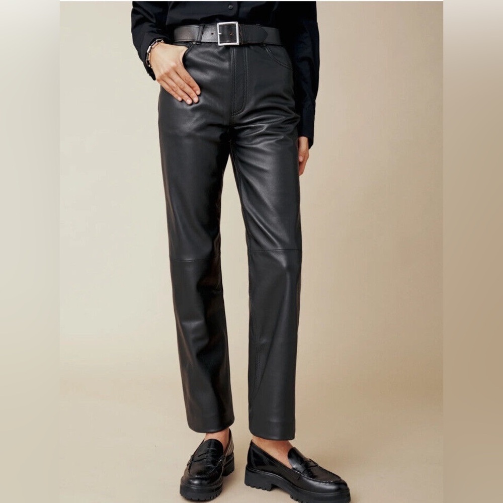 New Reformation x Veda Cynthia Black 100% Lamb Leather Straight‎ leg pants 4